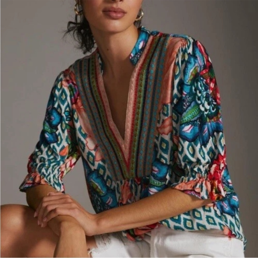 Blnk London Anthropologie STEPHANIE Blue Red Floral V Neck Top Embroiderd Sz S